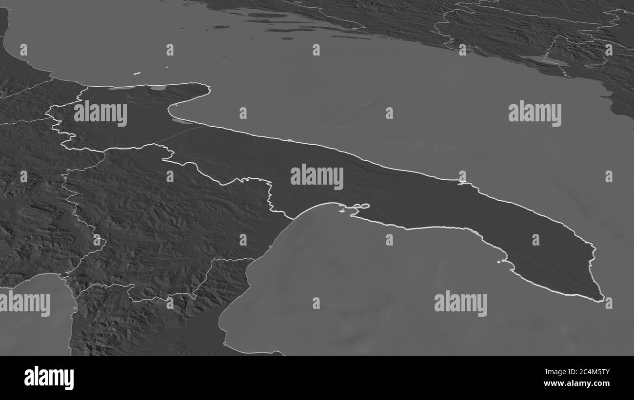 Ingrandisci la Puglia (regione Italia) delineata. Prospettiva obliqua. Mappa di elevazione bilivello con acque di superficie. Rendering 3D Foto Stock