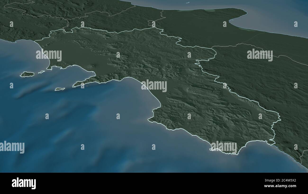 Ingrandisci la cartina della Campania (regione Italia). Prospettiva obliqua. Mappa colorata e bombata della divisione amministrativa con acque superficiali. 3D ren Foto Stock
