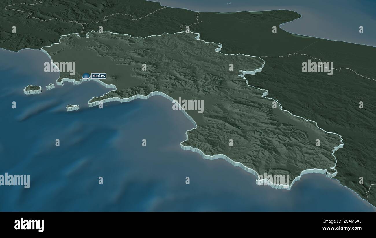 Ingrandisci la Campania (regione Italia) estruso. Prospettiva obliqua. Mappa colorata e bombata della divisione amministrativa con acque superficiali. 3D ren Foto Stock
