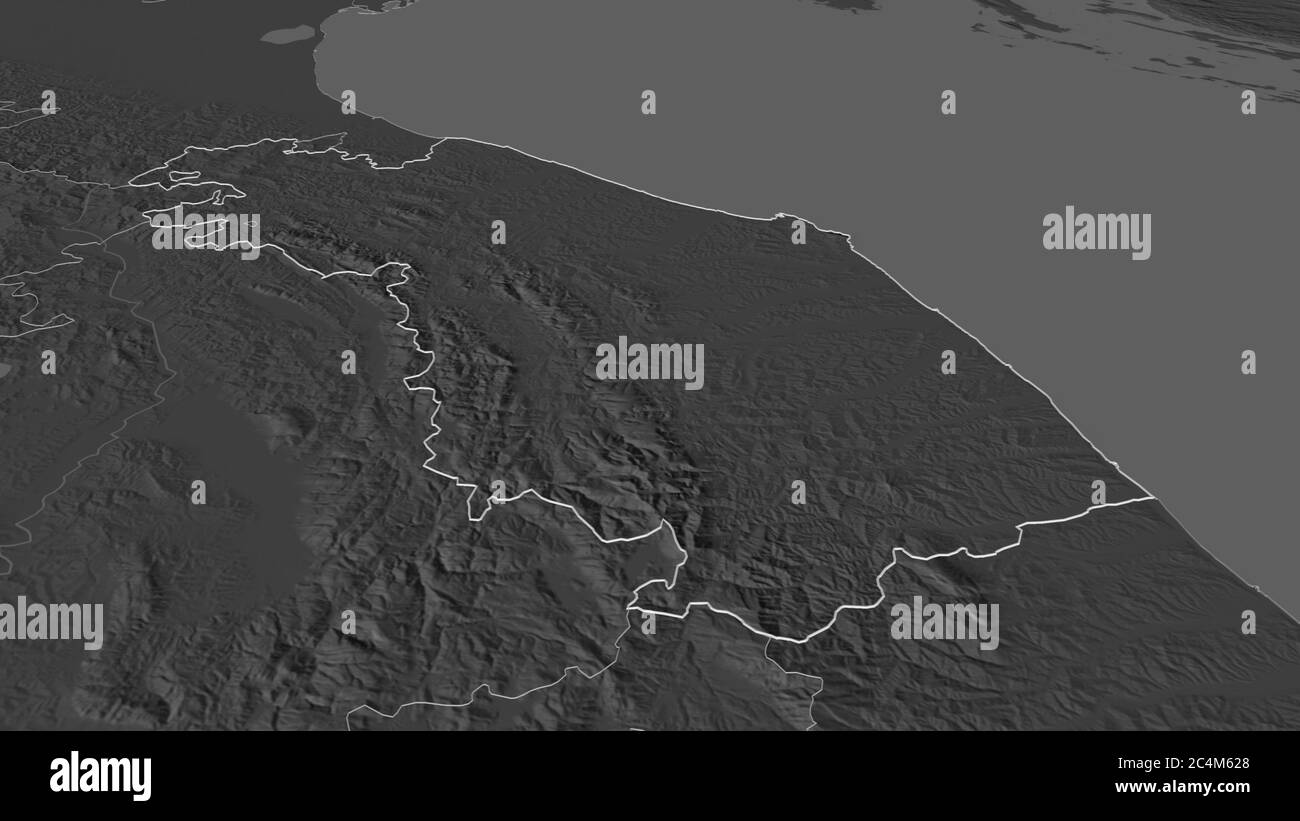 Ingrandisci Marche (regione Italia) delineato. Prospettiva obliqua. Mappa di elevazione bilivello con acque di superficie. Rendering 3D Foto Stock