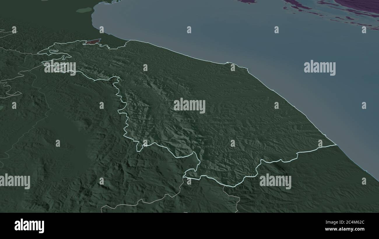 Ingrandisci Marche (regione Italia) delineato. Prospettiva obliqua. Mappa colorata e bombata della divisione amministrativa con acque superficiali. rendering 3D Foto Stock