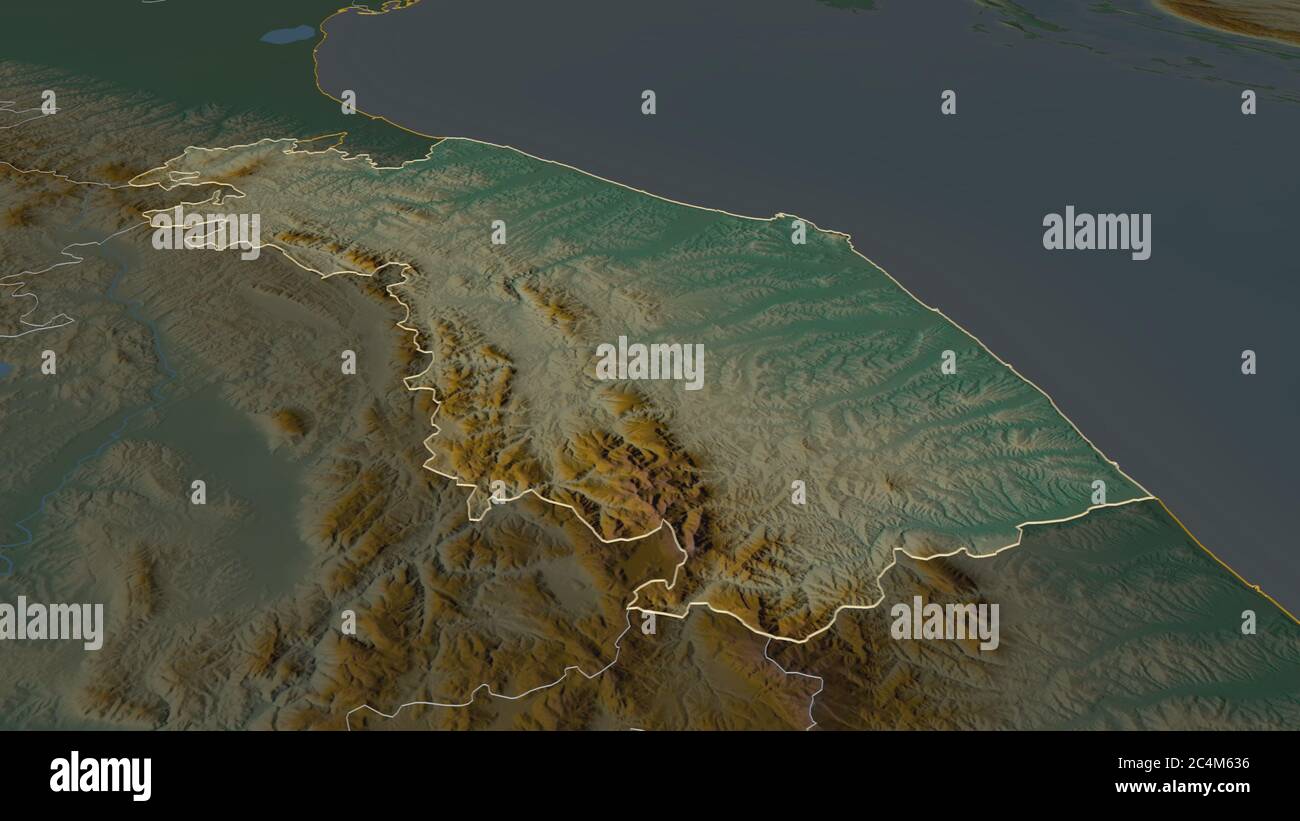 Ingrandisci Marche (regione Italia) delineato. Prospettiva obliqua. Mappa topografica dei rilievi con acque superficiali. Rendering 3D Foto Stock