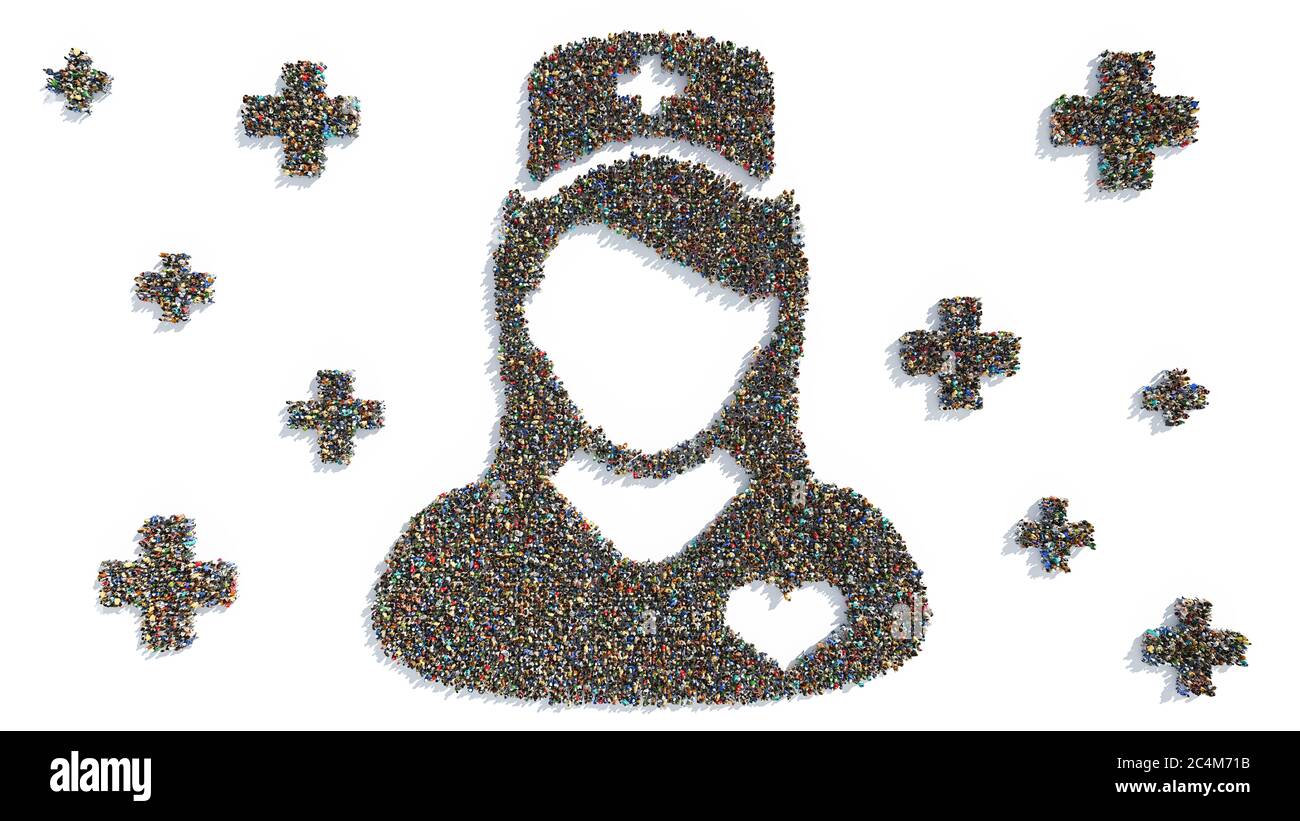 Silhouette di infermiere con simboli di Croce Medica formati da grandi gruppi di persone Foto Stock