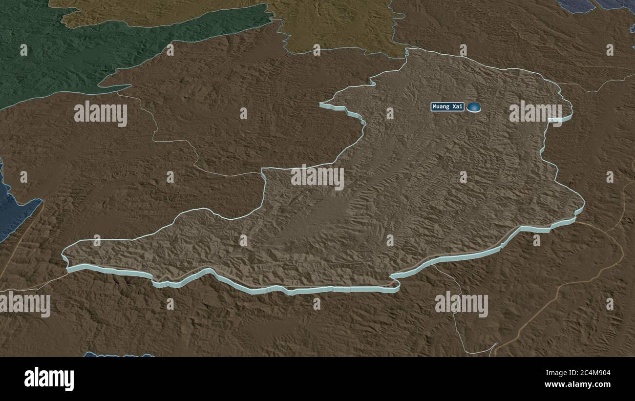 Zoom avanti su Oudômxai (provincia del Laos) estruso. Prospettiva obliqua. Mappa colorata e bombata della divisione amministrativa con acque superficiali. Re 3D Foto Stock