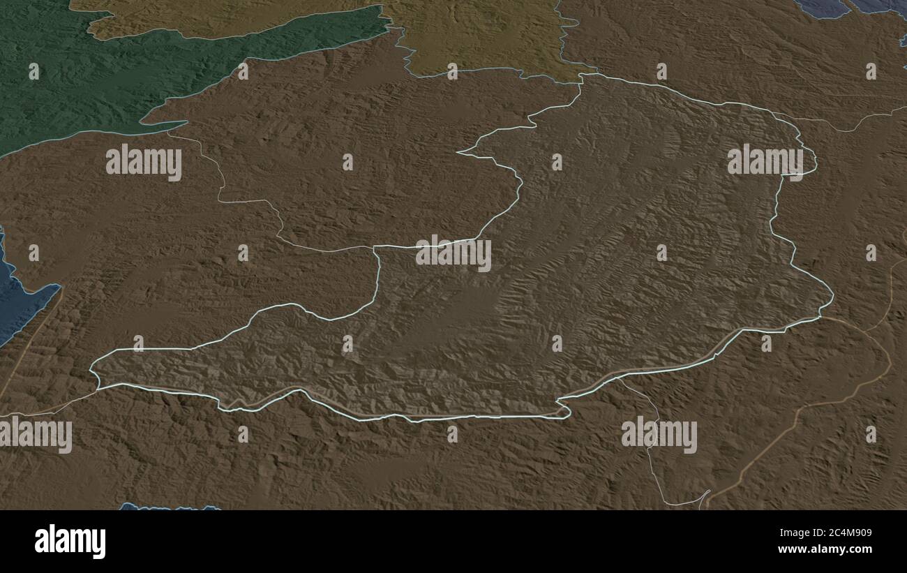 Zoom in Oudômxai (provincia del Laos) delineato. Prospettiva obliqua. Mappa colorata e bombata della divisione amministrativa con acque superficiali. Re 3D Foto Stock