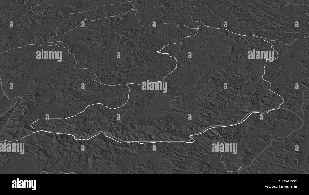 Zoom in Oudômxai (provincia del Laos) delineato. Prospettiva obliqua. Mappa di elevazione bilivello con acque di superficie. Rendering 3D Foto Stock