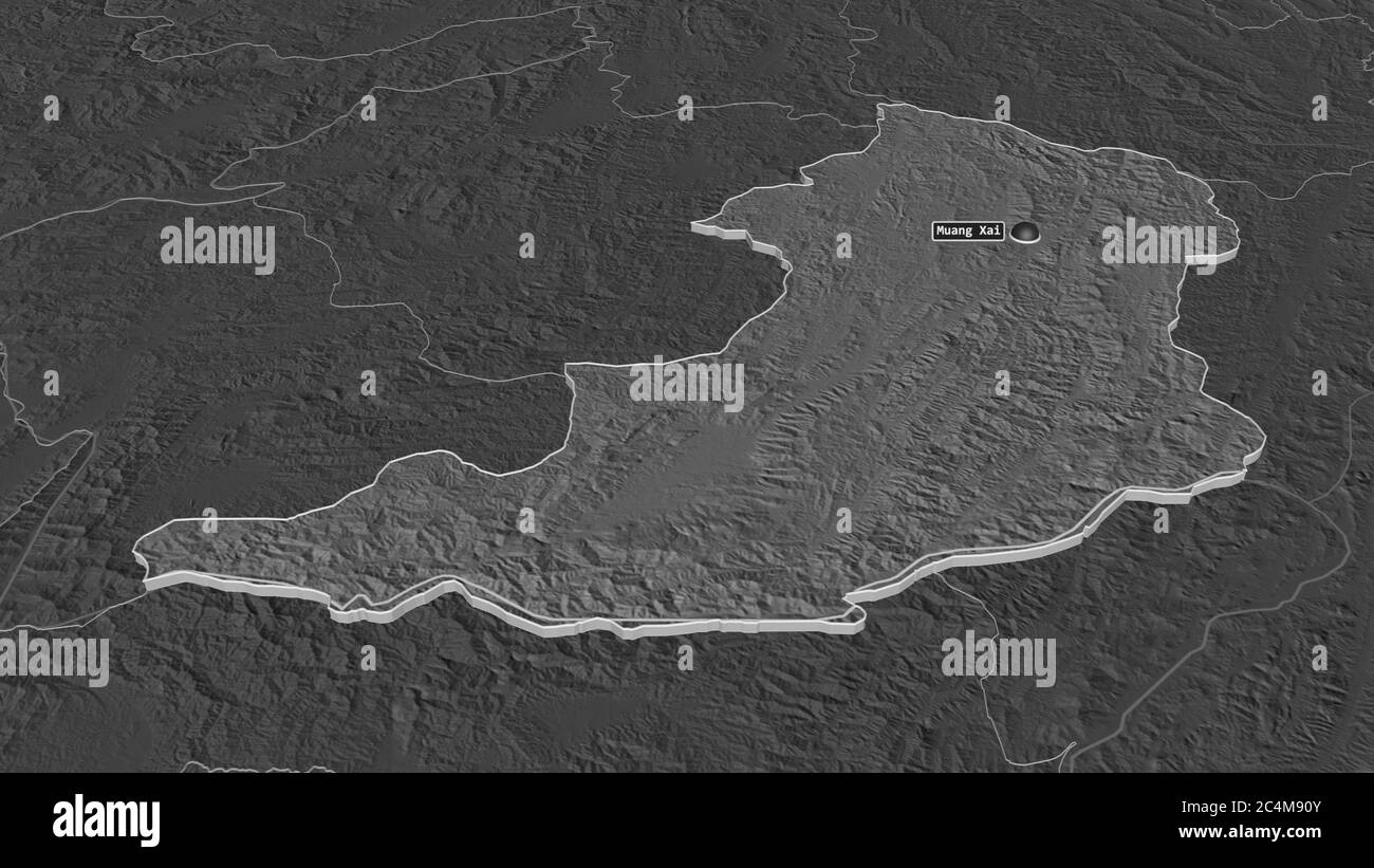 Zoom avanti su Oudômxai (provincia del Laos) estruso. Prospettiva obliqua. Mappa di elevazione bilivello con acque di superficie. Rendering 3D Foto Stock