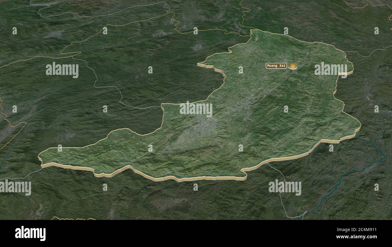 Zoom avanti su Oudômxai (provincia del Laos) estruso. Prospettiva obliqua. Immagini satellitari. Rendering 3D Foto Stock