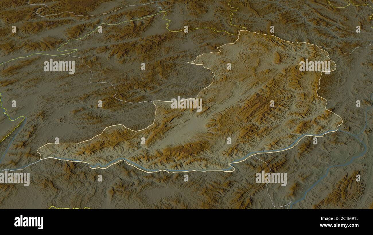 Zoom in Oudômxai (provincia del Laos) delineato. Prospettiva obliqua. Mappa topografica dei rilievi con acque superficiali. Rendering 3D Foto Stock