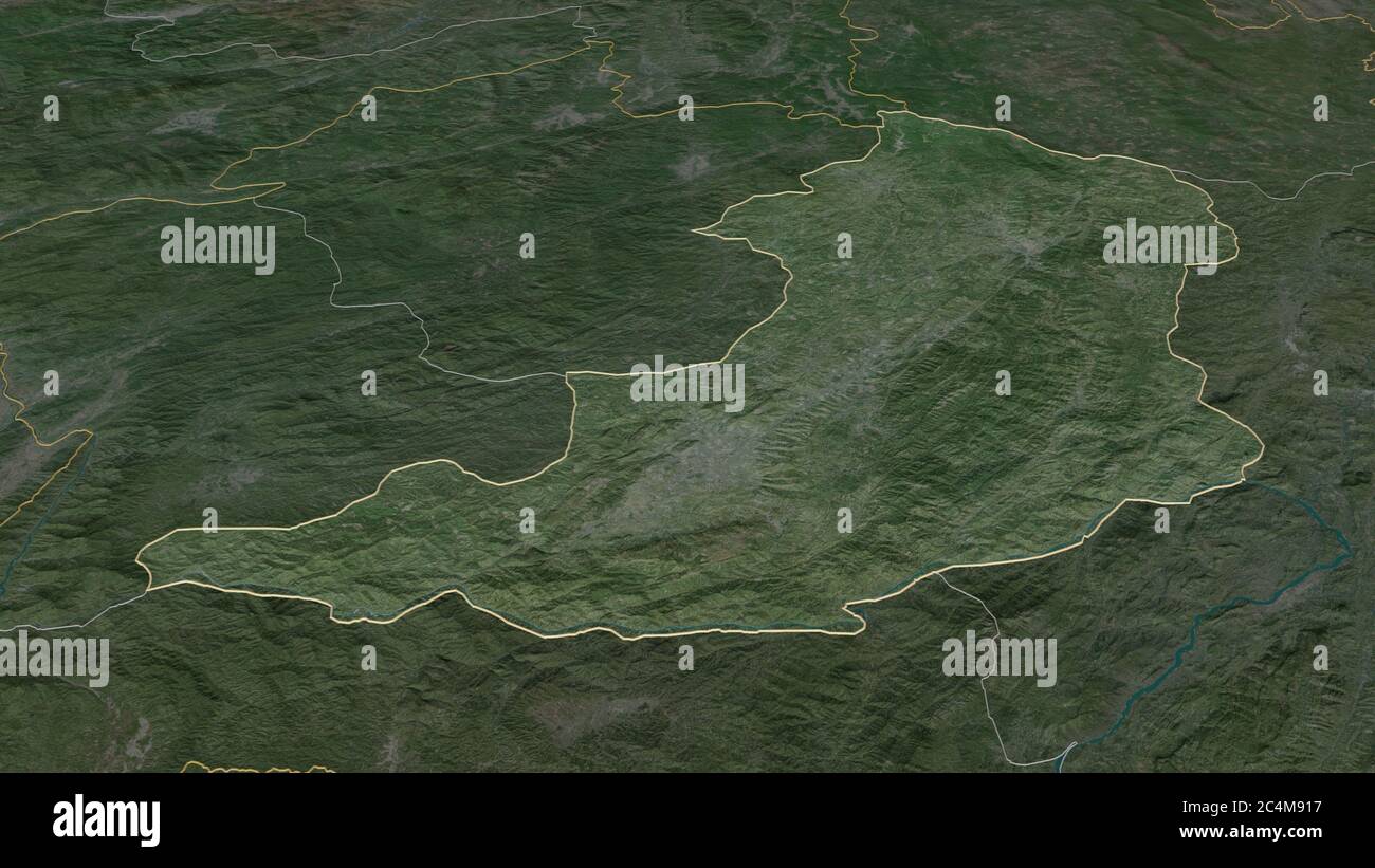 Zoom in Oudômxai (provincia del Laos) delineato. Prospettiva obliqua. Immagini satellitari. Rendering 3D Foto Stock