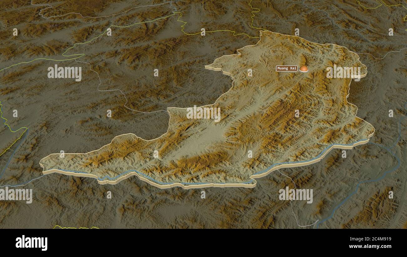 Zoom avanti su Oudômxai (provincia del Laos) estruso. Prospettiva obliqua. Mappa topografica dei rilievi con acque superficiali. Rendering 3D Foto Stock