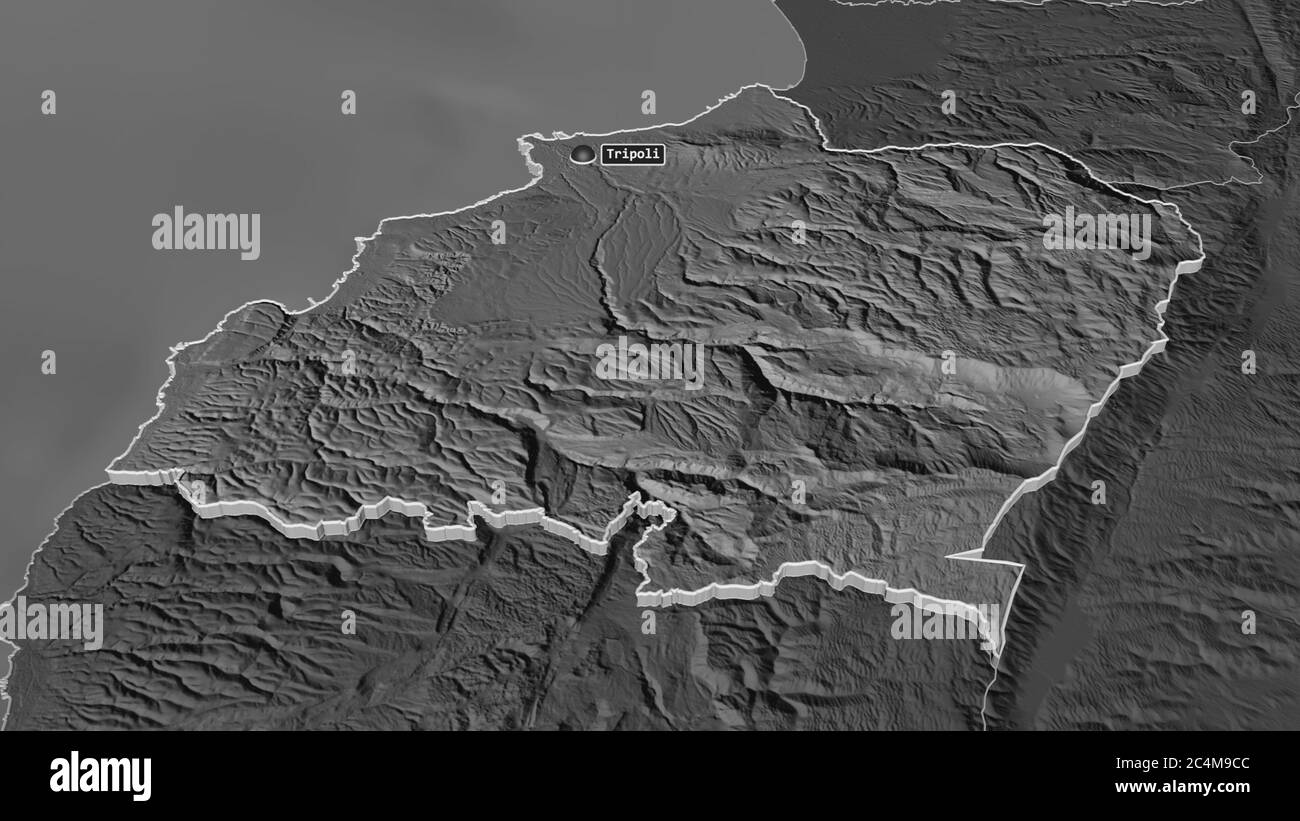 Ingrandisci Nord (governatorato del Libano) estruso. Prospettiva obliqua. Mappa di elevazione bilivello con acque di superficie. Rendering 3D Foto Stock