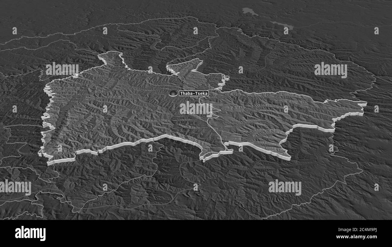 Ingrandisci Thaba-Tseka (distretto del Lesotho) estruso. Prospettiva obliqua. Mappa di elevazione bilivello con acque di superficie. Rendering 3D Foto Stock