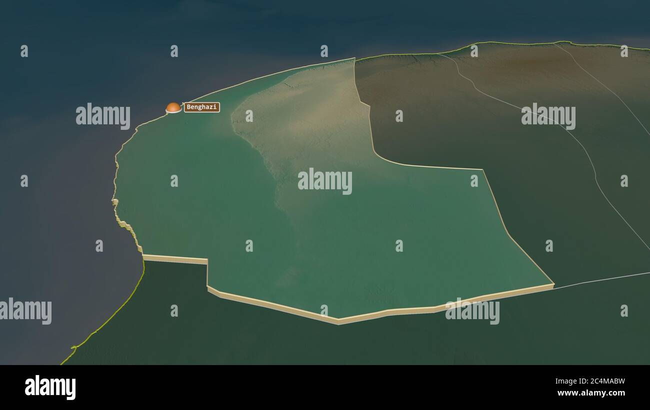 Ingrandisci Bengasi (distretto della Libia) estruso. Prospettiva obliqua. Mappa topografica dei rilievi con acque superficiali. Rendering 3D Foto Stock