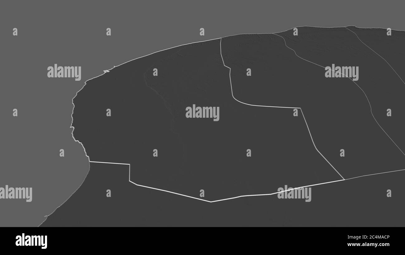 Ingrandisci Bengasi (distretto della Libia) delineato. Prospettiva obliqua. Mappa di elevazione bilivello con acque di superficie. Rendering 3D Foto Stock