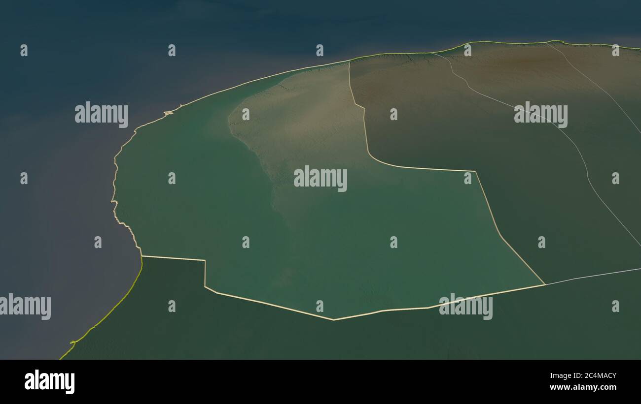 Ingrandisci Bengasi (distretto della Libia) delineato. Prospettiva obliqua. Mappa topografica dei rilievi con acque superficiali. Rendering 3D Foto Stock