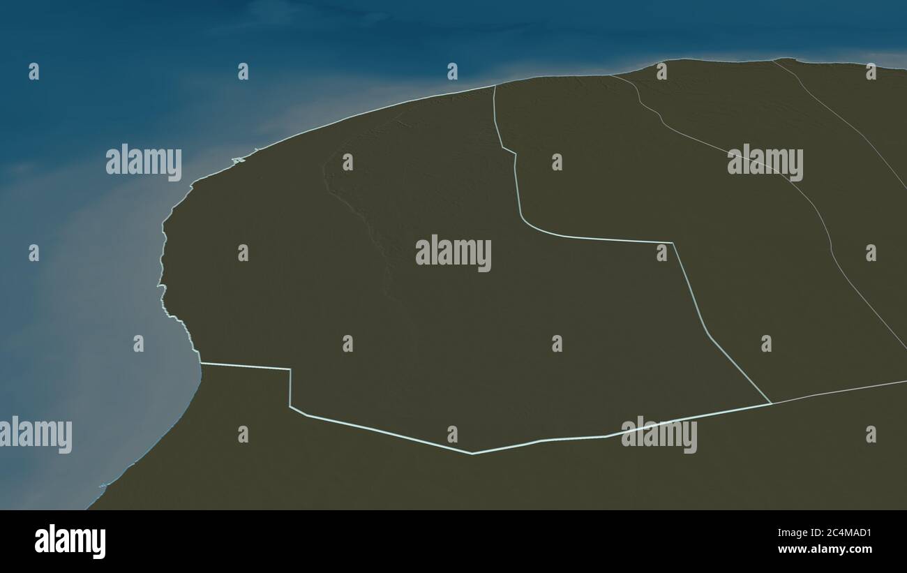Ingrandisci Bengasi (distretto della Libia) delineato. Prospettiva obliqua. Mappa colorata e bombata della divisione amministrativa con acque superficiali. 3D r Foto Stock