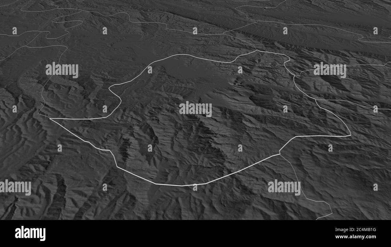 Ingrandisci Demir Kapija (comune di Macedonia) delineato. Prospettiva obliqua. Mappa di elevazione bilivello con acque di superficie. Rendering 3D Foto Stock