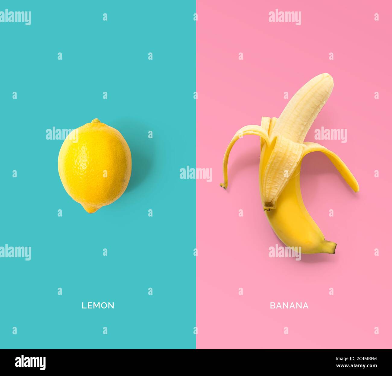 Layout creativo fatto di limone e banana. Disposizione piatta. Concetto di cibo. Foto Stock