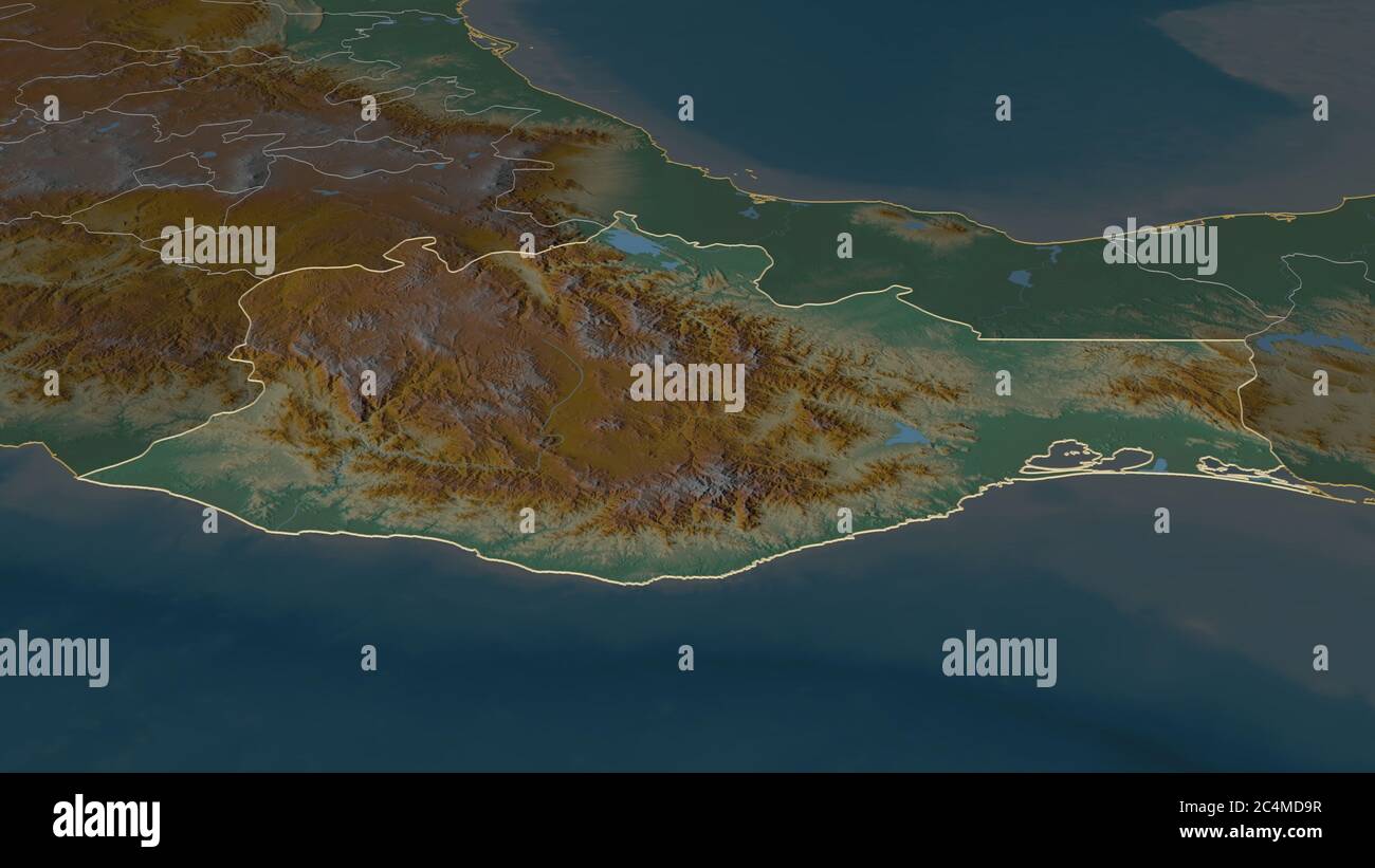 Ingrandisci Oaxaca (stato del Messico) delineato. Prospettiva obliqua. Mappa topografica dei rilievi con acque superficiali. Rendering 3D Foto Stock