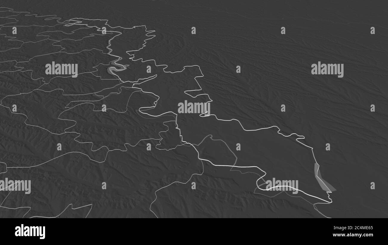 Ingrandisci Transnistria (unità territoriale della Moldavia) delineata. Prospettiva obliqua. Mappa di elevazione bilivello con acque di superficie. Rendering 3D Foto Stock
