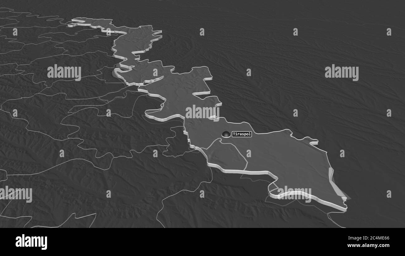 Ingrandisci Transnistria (unità territoriale della Moldavia) estrusa. Prospettiva obliqua. Mappa di elevazione bilivello con acque di superficie. Rendering 3D Foto Stock