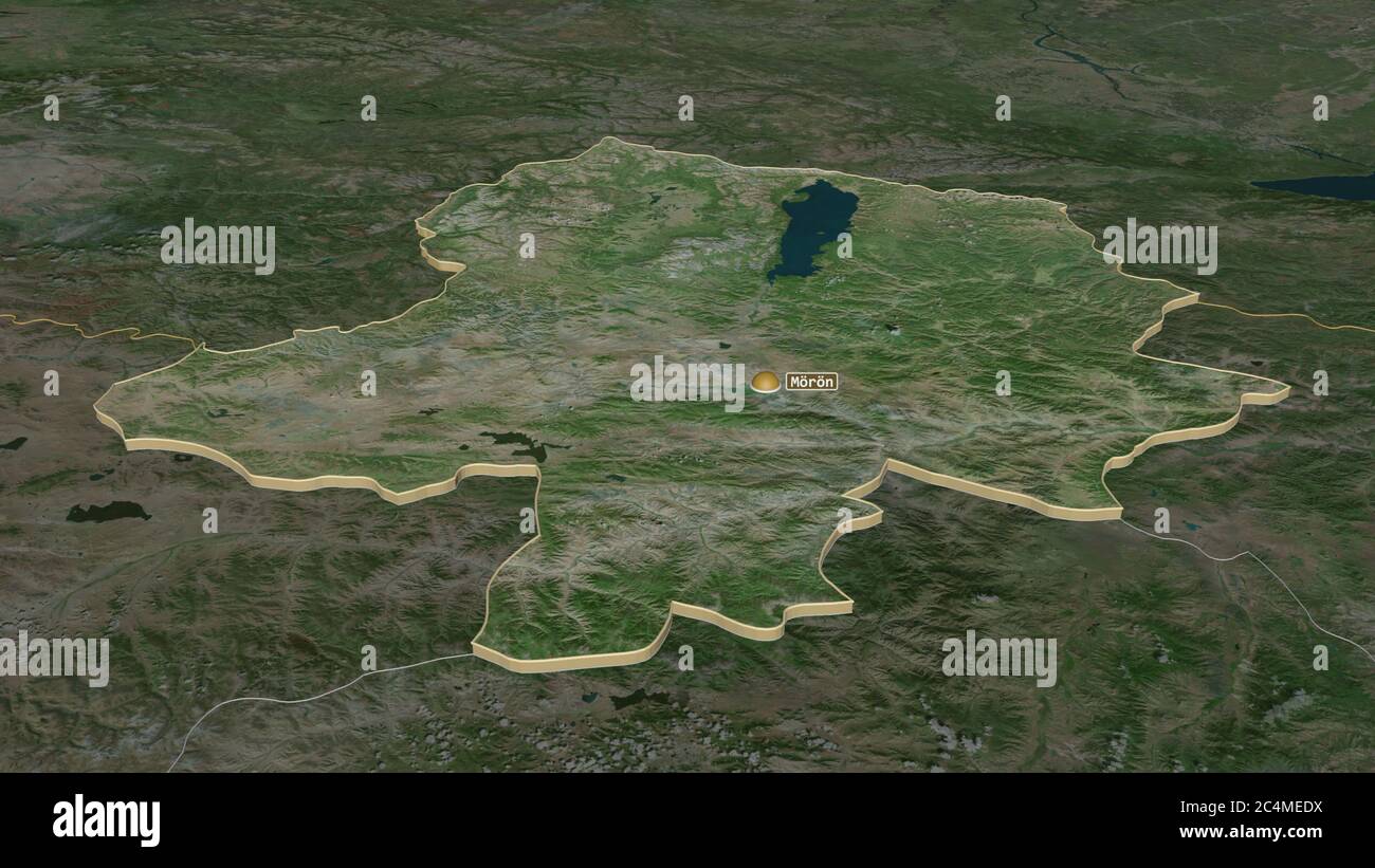 Zoom in su Hövsgöl (provincia di Mongolia) estruso. Prospettiva obliqua. Immagini satellitari. Rendering 3D Foto Stock