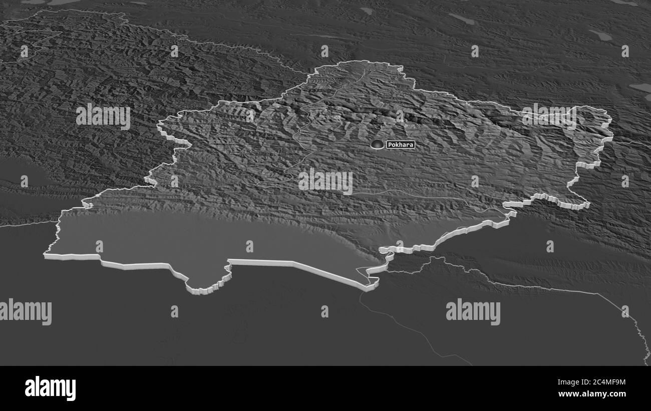 Zoom in su West (regione di sviluppo del Nepal) estruso. Prospettiva obliqua. Mappa di elevazione bilivello con acque di superficie. Rendering 3D Foto Stock