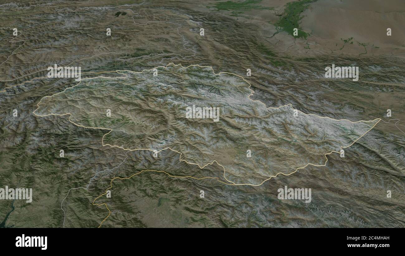 Zoom in sulle aree settentrionali (area amministrata centralmente del Pakistan) delineato. Prospettiva obliqua. Immagini satellitari. Rendering 3D Foto Stock