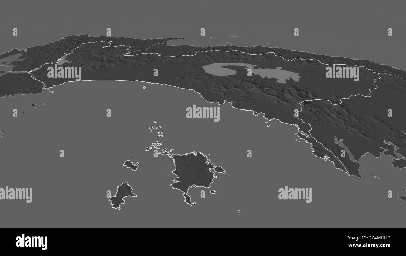 Ingrandisci Panamá (provincia di Panama) delineato. Prospettiva obliqua. Mappa di elevazione bilivello con acque di superficie. Rendering 3D Foto Stock