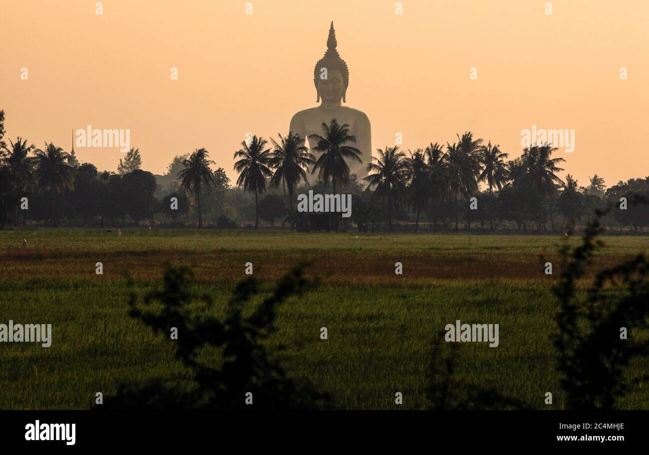 Il tempio Wat Muang, il luogo sacro di culto buddista nella provincia di Ang Thong, situato a 120 km da Bangkok. E' la statua del Buddha più alta del regno, alta 92 metri e larga 63 metri. Foto Stock