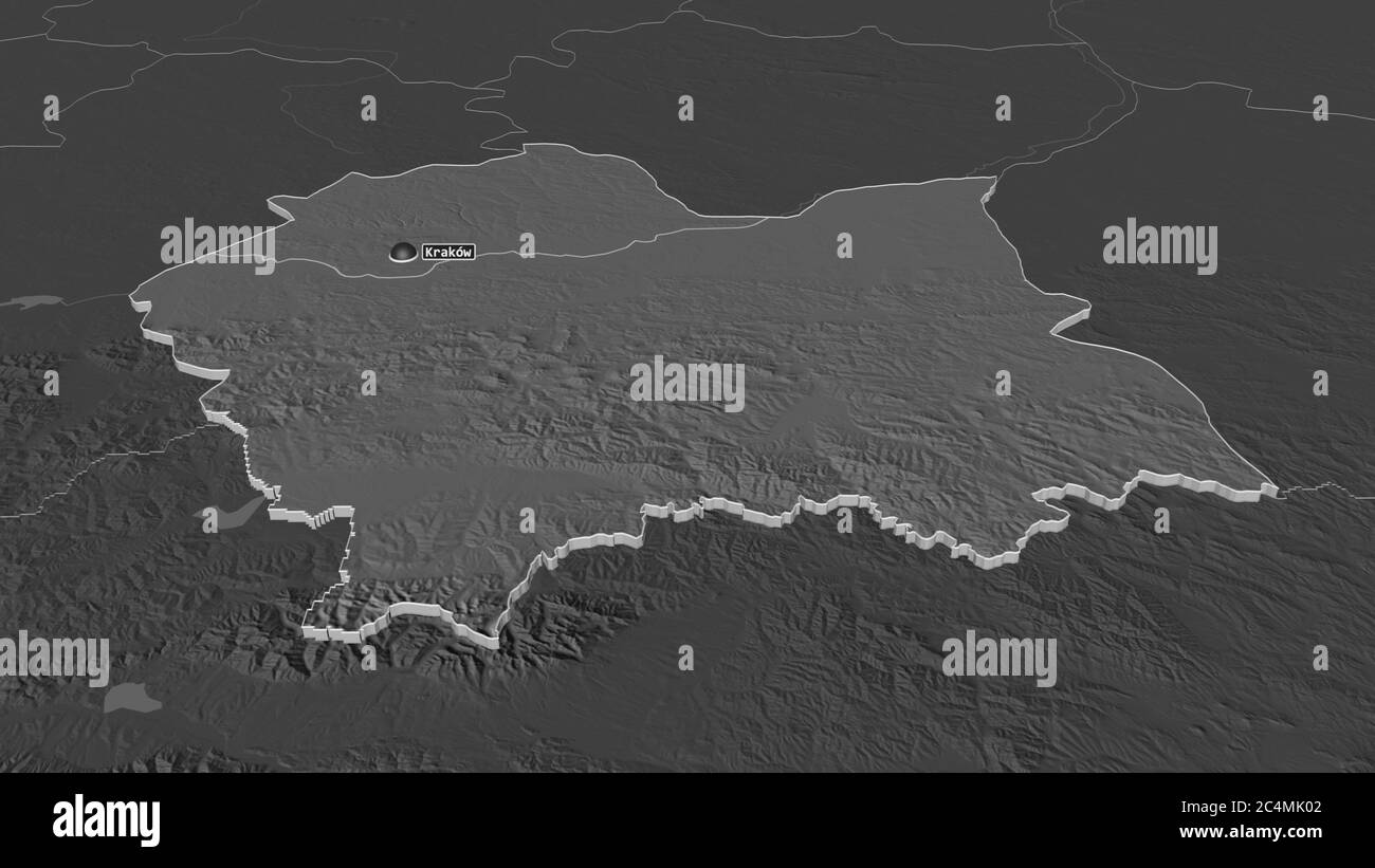 Ingrandisci la Poland Lesser (voivodato di Polonia) estruso. Prospettiva obliqua. Mappa di elevazione bilivello con acque di superficie. Rendering 3D Foto Stock