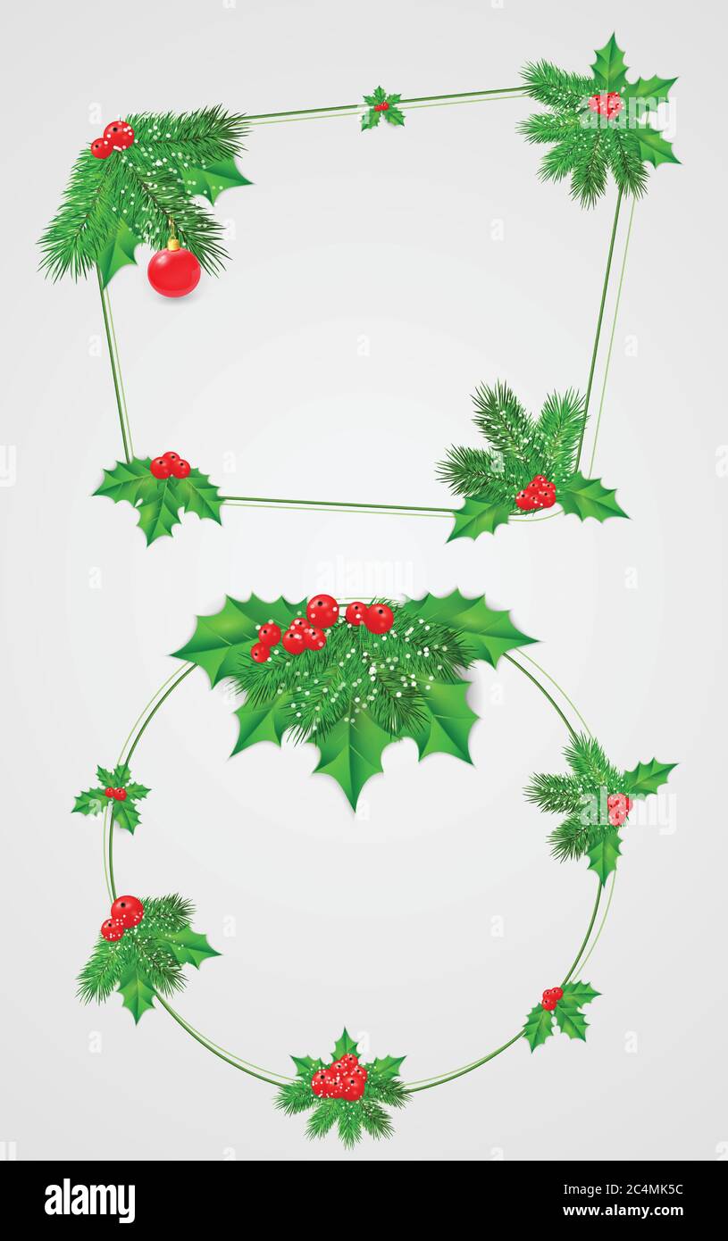 Set di vettore di quadri astratti di rami di abete, agrifoglio con foglie e bacche di colore rosso. Festa di Natale decor . Illustrazione Vettoriale