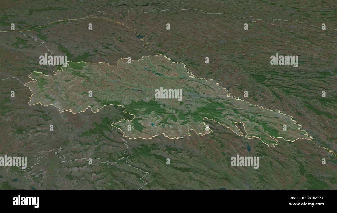 Zoom in Iași (contea della Romania) delineato. Prospettiva obliqua. Immagini satellitari. Rendering 3D Foto Stock