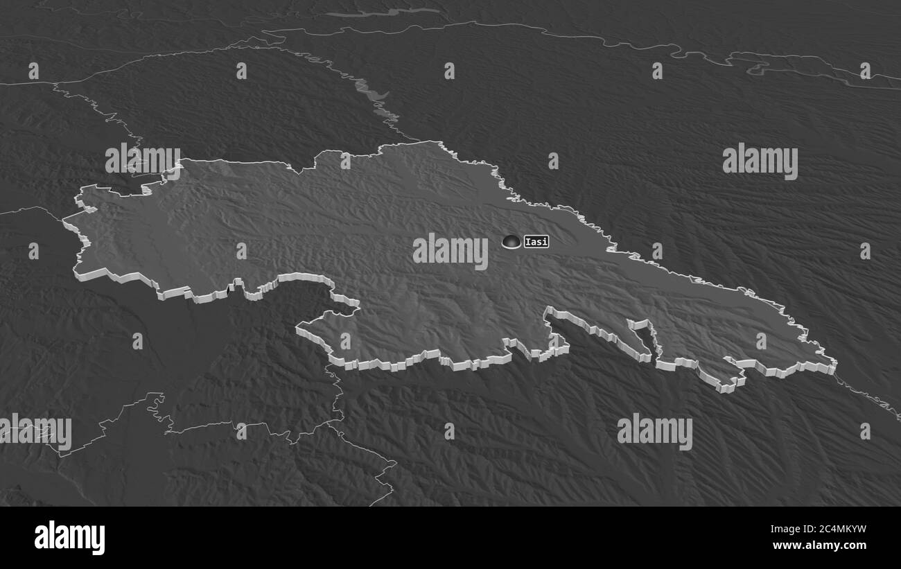 Zoom avanti su Iași (contea di Romania) estruso. Prospettiva obliqua. Mappa di elevazione bilivello con acque di superficie. Rendering 3D Foto Stock