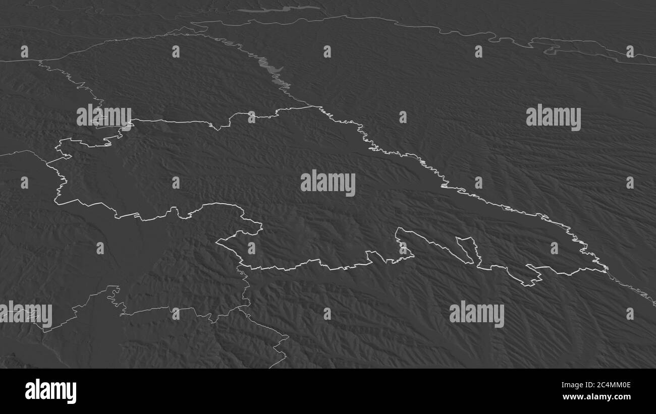 Zoom in Iași (contea della Romania) delineato. Prospettiva obliqua. Mappa di elevazione bilivello con acque di superficie. Rendering 3D Foto Stock