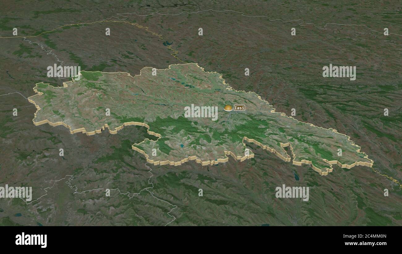 Zoom avanti su Iași (contea di Romania) estruso. Prospettiva obliqua. Immagini satellitari. Rendering 3D Foto Stock