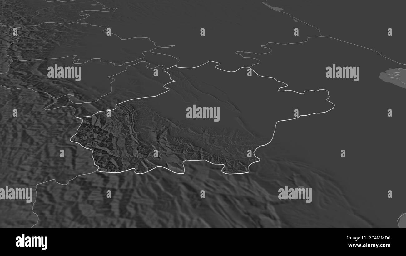 Zoom in su Cecenia (repubblica di Russia) delineato. Prospettiva obliqua. Mappa di elevazione bilivello con acque di superficie. Rendering 3D Foto Stock