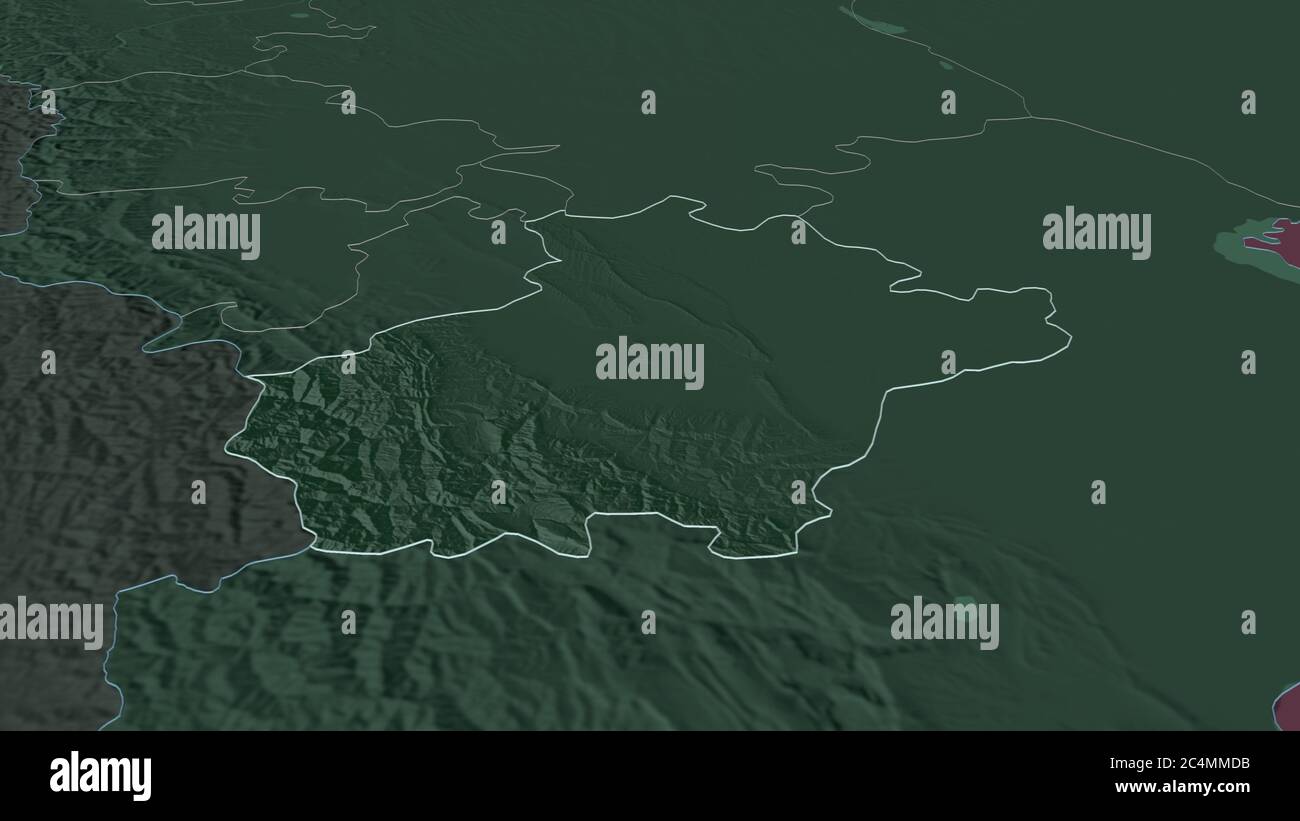 Zoom in su Cecenia (repubblica di Russia) delineato. Prospettiva obliqua. Mappa colorata e bombata della divisione amministrativa con acque superficiali. 3D Foto Stock