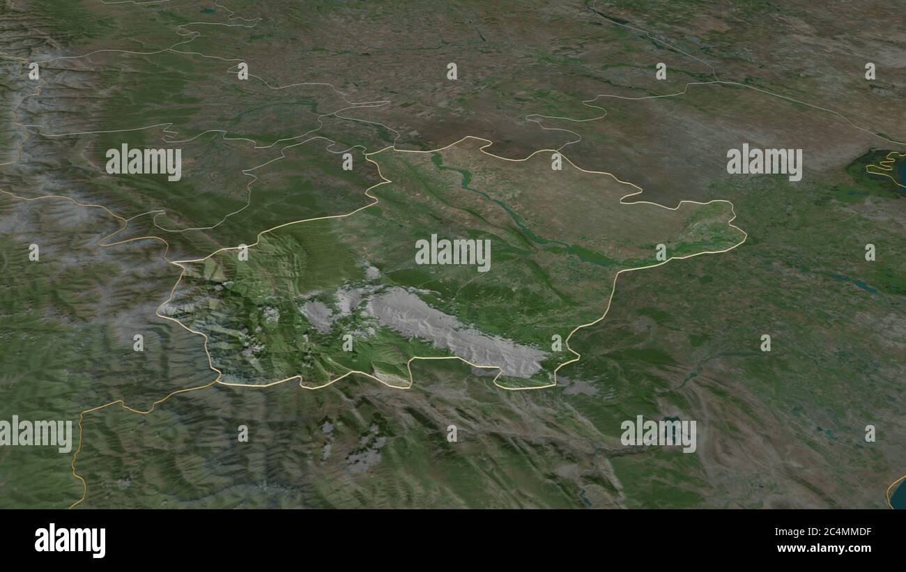 Zoom in su Cecenia (repubblica di Russia) delineato. Prospettiva obliqua. Immagini satellitari. Rendering 3D Foto Stock