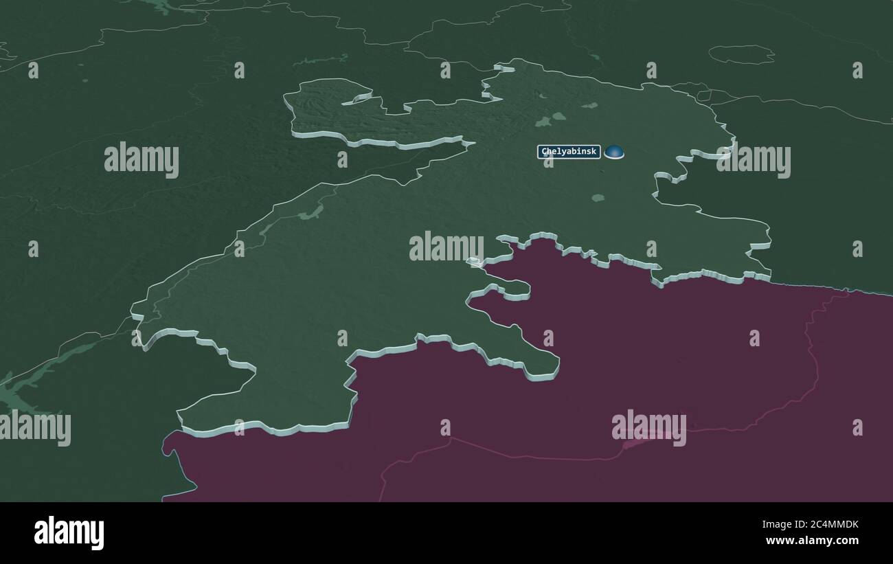 Ingrandisci Chelyabinsk (regione della Russia) estruso. Prospettiva obliqua. Mappa colorata e bombata della divisione amministrativa con acque superficiali. 3D Foto Stock