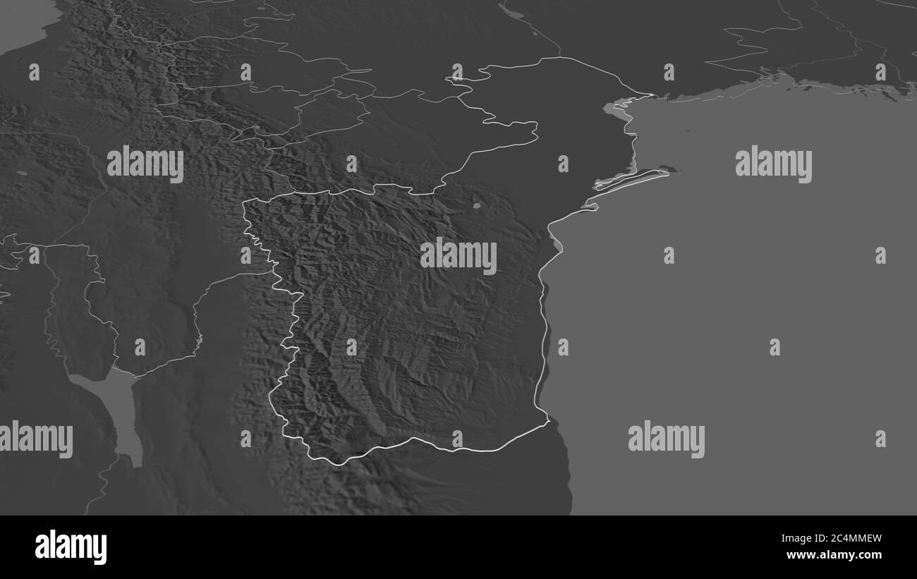 Ingrandisci il Dagestan (repubblica di Russia) delineato. Prospettiva obliqua. Mappa di elevazione bilivello con acque di superficie. Rendering 3D Foto Stock