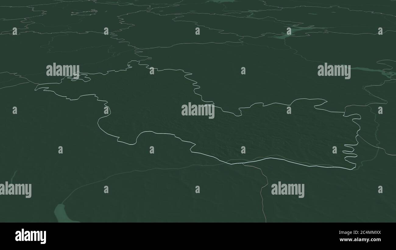 Ingrandisci Mordovia (repubblica di Russia) delineato. Prospettiva obliqua. Mappa colorata e bombata della divisione amministrativa con acque superficiali. 3D Foto Stock