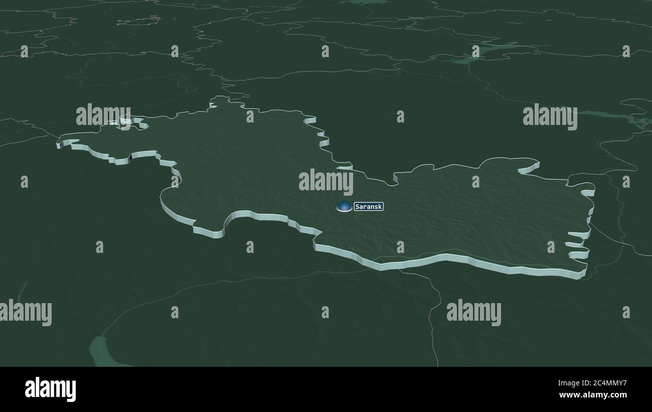 Ingrandisci Mordovia (repubblica di Russia) estruso. Prospettiva obliqua. Mappa colorata e bombata della divisione amministrativa con acque superficiali. 3D Foto Stock