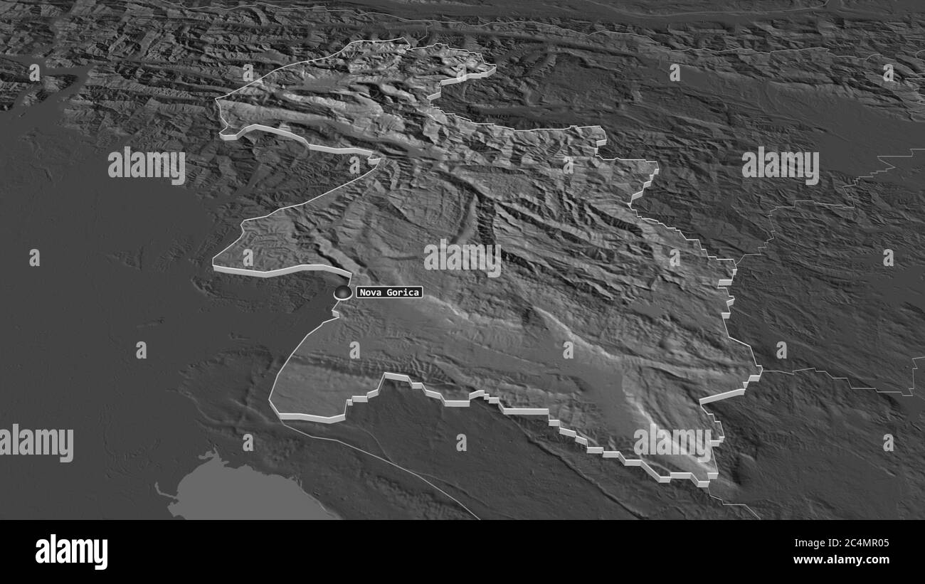 Zoom avanti su Goriška (regione statistica della Slovenia) estrusa. Prospettiva obliqua. Mappa di elevazione bilivello con acque di superficie. Rendering 3D Foto Stock