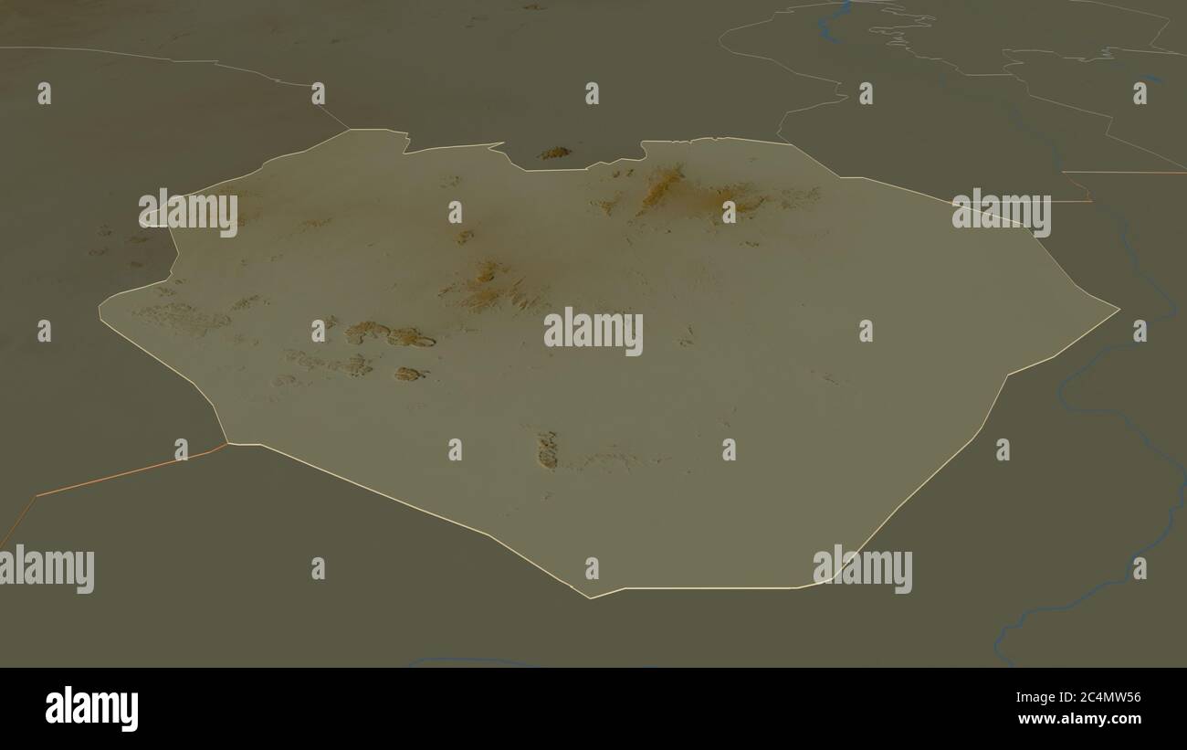 Ingrandisci il contorno del Kurdufan del Sud (stato del Sudan). Prospettiva obliqua. Mappa topografica dei rilievi con acque superficiali. Rendering 3D Foto Stock