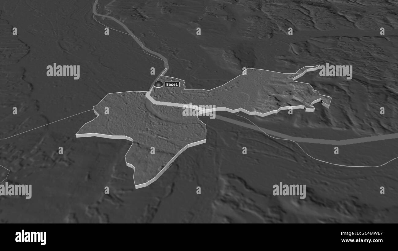 Ingrandisci Basilea-Città (Cantone Svizzera) estruso. Prospettiva obliqua. Mappa di elevazione bilivello con acque di superficie. Rendering 3D Foto Stock