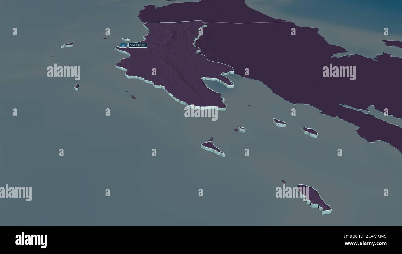 Ingrandisci Zanzibar ovest (regione della Tanzania) estruso. Prospettiva obliqua. Mappa colorata e bombata della divisione amministrativa con acque superficiali Foto Stock