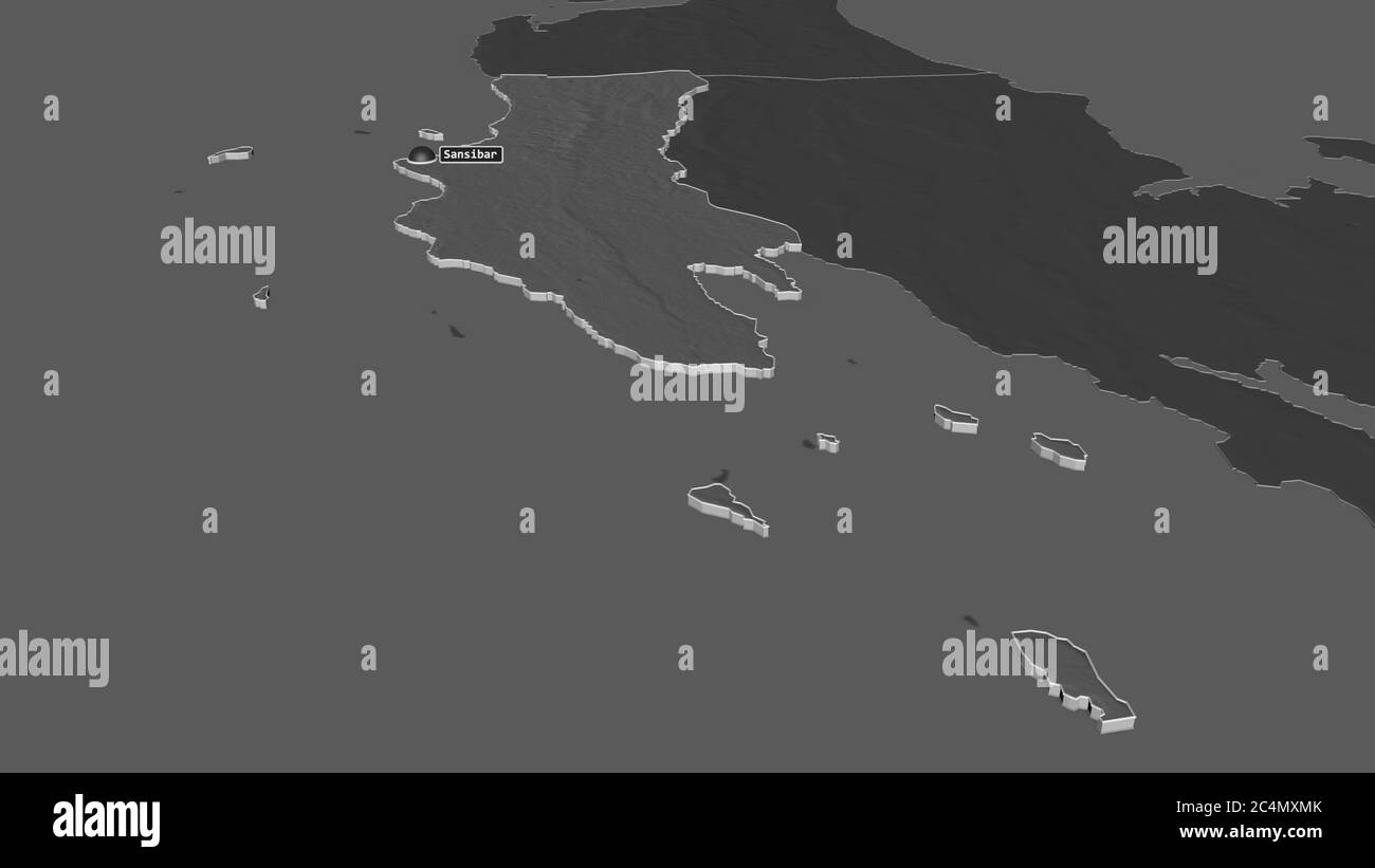 Ingrandisci Zanzibar ovest (regione della Tanzania) estruso. Prospettiva obliqua. Mappa di elevazione bilivello con acque di superficie. Rendering 3D Foto Stock