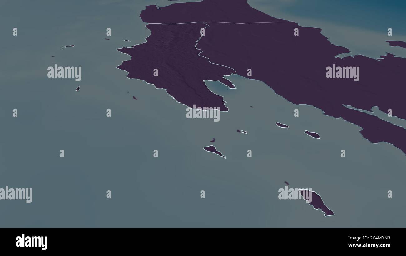 Ingrandisci Zanzibar West (regione della Tanzania) delineato. Prospettiva obliqua. Mappa colorata e bombata della divisione amministrativa con acque superficiali Foto Stock